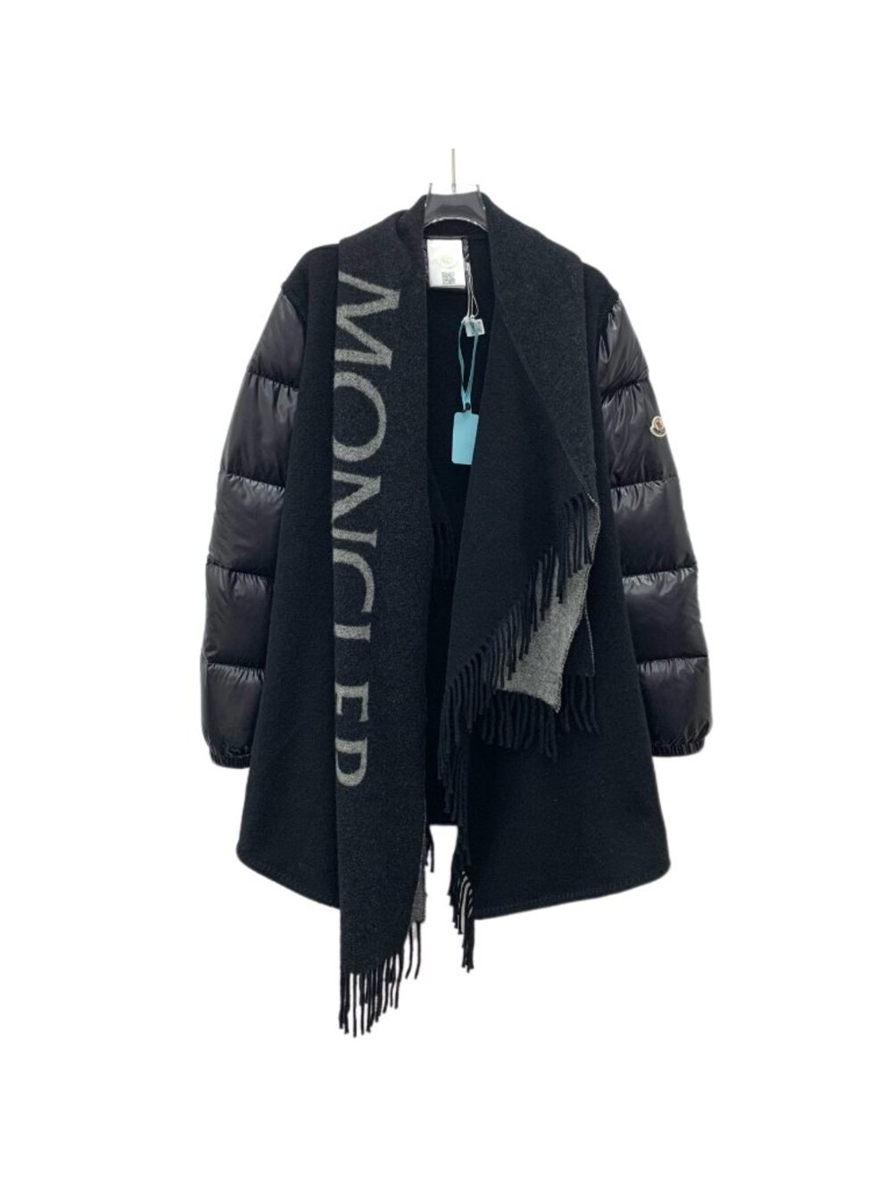 Moncler Black Down Jacket with Wool Logo Cape Detail